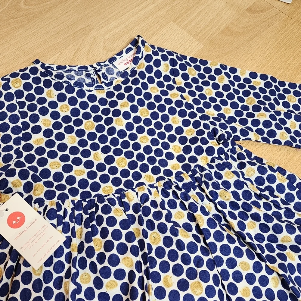 NWT Smiling Button Hedgehog Navy Polka Dot Cotton Dress Pockets‎ Size 5
